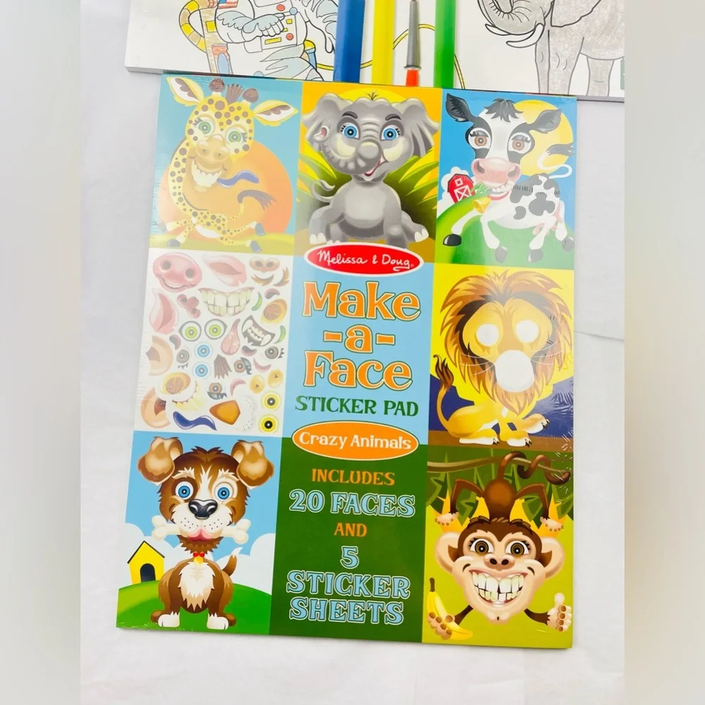 2-Pack ~Melissa & Doug~Jumbo multi-Theme Coloring Pad & Make-a-Face Sticker Pad